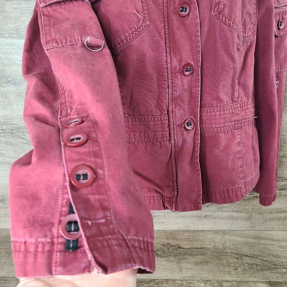 Columbia Faded Red Blazer Shacket Adj Waist Womens L Lightly Distressed Denim - Picture 8 of 13